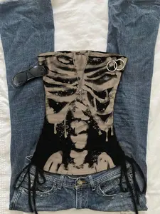 Eraik Attitoon Melting Skeleton Ink Painting Skull Crinkle Tie Front Crop Top, Suitable For Summer