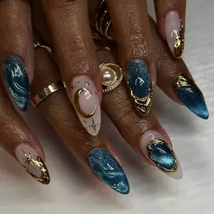 SHEDARES Celestial Dream – Luxury Press-On Nails with Deep Blue Metallic Shine, Sculpted Gold Edges & Celestial Details– Perfect for Night Out & Special Events