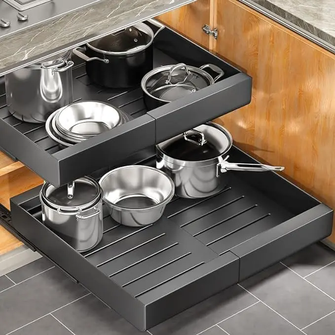 Pull Out Cabinet Organizer, Expandable(11.7"-19.7") Heavy Duty Slide Out Drawers Fixed with Adhesive Nano Film for Pots, Roll Out Shelf Storage for Kitchen Base Cabinet Organization, Pantry, Bathroom