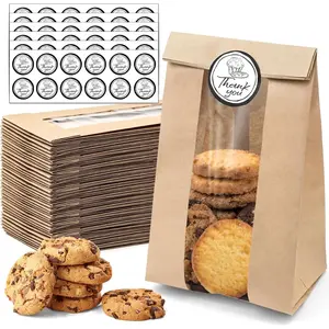 50 PCS Cookie Bags with Seal, Kraft Brown Paper Bags with Stickers, Bakery Bag for Snack, Cupcake, Coffee Bean, Party Favor, Cookie Packaging, 3.5"x 2.3"x7.5"
