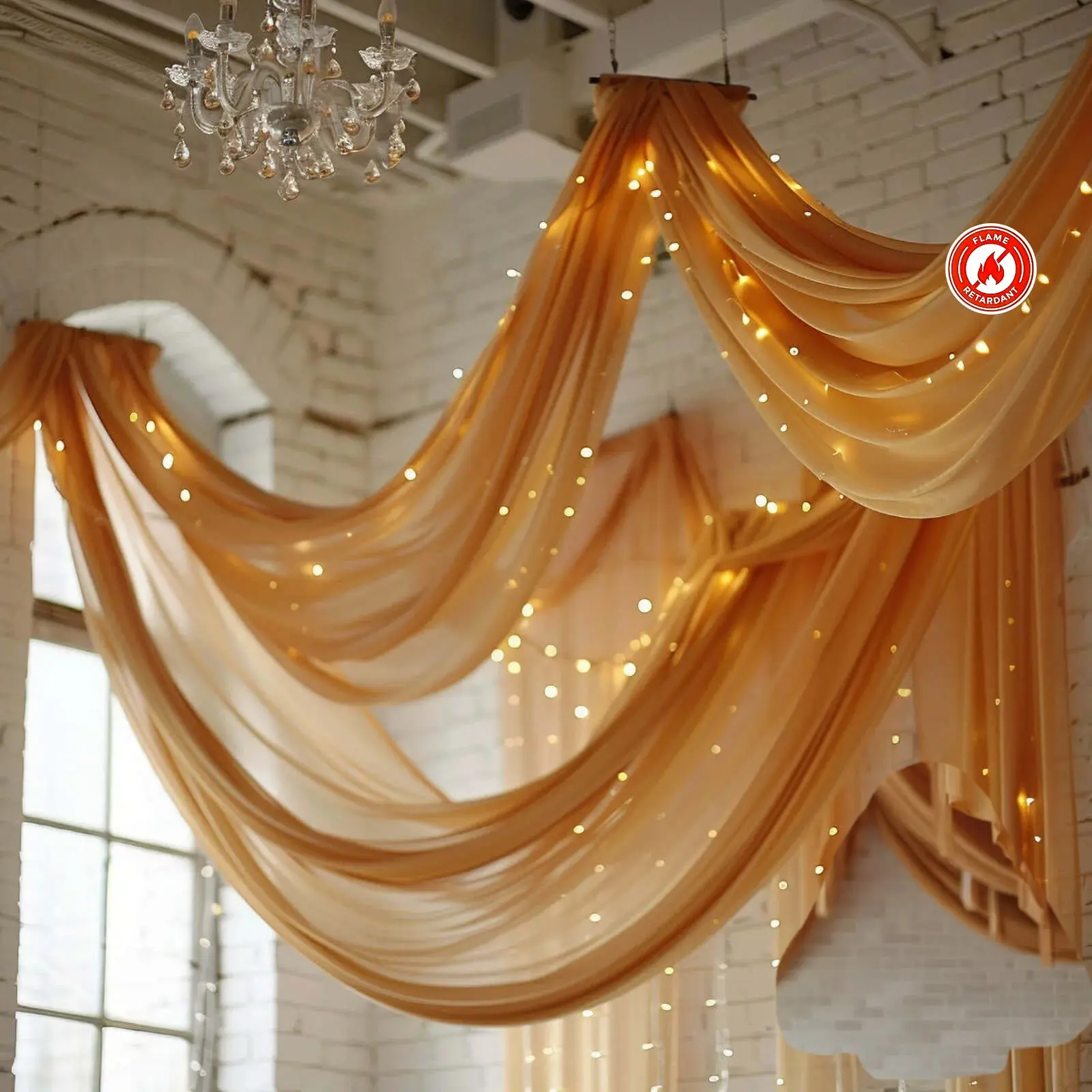 5ftx32ft Gold Chiffon Curtain Panel - Durable Flame-Resistant Rod Pocket Drapery for Party Decor, Wedding Arch Backdrop, Ceiling Use