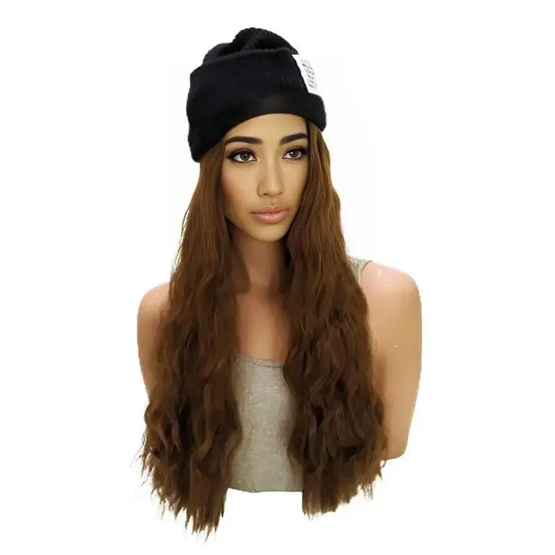 Slouchy Beanie Hat With Wig for Women - Ribbed Beanie Cap - Warm Brown Long Wig - Black Beanie Wig with Bangs - Stylish Hair Accessory
