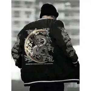 Men's Dragon Graphic Print Pocket Button Jacket, Regular Fit Punk Fashion Long Sleeve Outerwear for Daily Outdoor Wear, Men Clothes for Spring & Fall