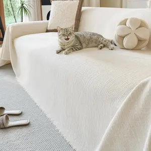 ComiComi Washable Couch Covers for Sofa Soft Beige Chenille Sofa Covers for 2 Cushion Sectional L Shaped Pet-Friendly Couch Cover Blanket Crinkled Anti Scratch with Tassles 71" x 91"