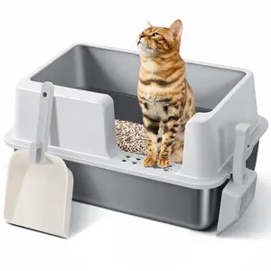CAVEEN Stainless Steel Cat Litter Box, 20L Large Capacity XL, Easy to Clean, High Sided, Anti-Urine Leakage, Non-Stick Bottom & Non-scratch & Metal Scoop, for Large/Medium/Small Cats