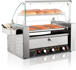 ROVSUN 18 Hot Dog 7 Roller, Hot Dog Roller Warmer Grill Cooker Machine w/Bun Warmer, Cover, Dual Temp Control, LED Light, Removable Shelf & Drip Tray for Party Home Commercial 1200W ETL Certified
