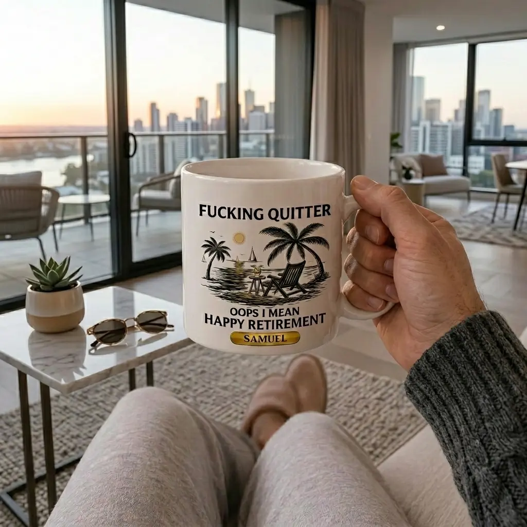 F*cking Quitter Funny Retirement Mug, Happy Retirement Gift for Coworker Boss Dad, Personalized Name Coffee Mug, Funny Gag Gift for Him Her, Beach Vacation Theme Cup, Office Farewell Present, Humor Coffee Cup, Unique Retirement Keepsake Mug