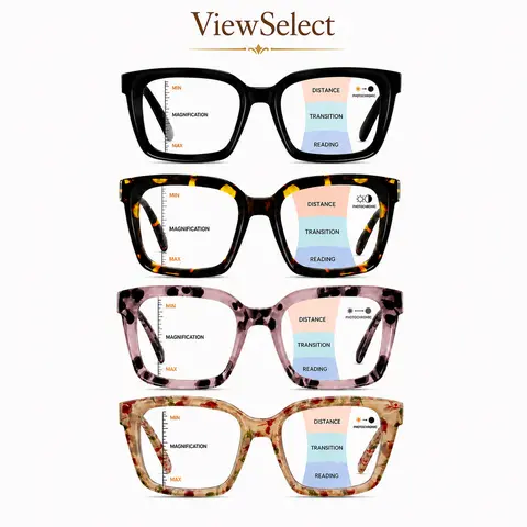 ViewSelect HD Photochromic Progressive Multifocal Reading Glasses for Women, Light Adaptive Blue Light Blocking Readers, Near Mid Far Vision Square Frames with Anti-Lost Lanyard