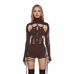 Chord Shredded Romper With Shrug - Brown