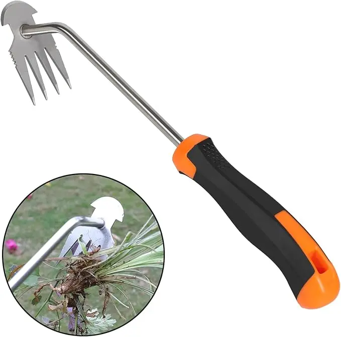 2026 Garden Weeder Tool Stainless Steel Hand Weeder Tool,4 Teethes Dual Purpose Weed Remover Tool,for Garden Hand Tools for Vegetable Gardening Backyard Farm Planting & Uprooting Weeding Tool(Rubber Handle)
