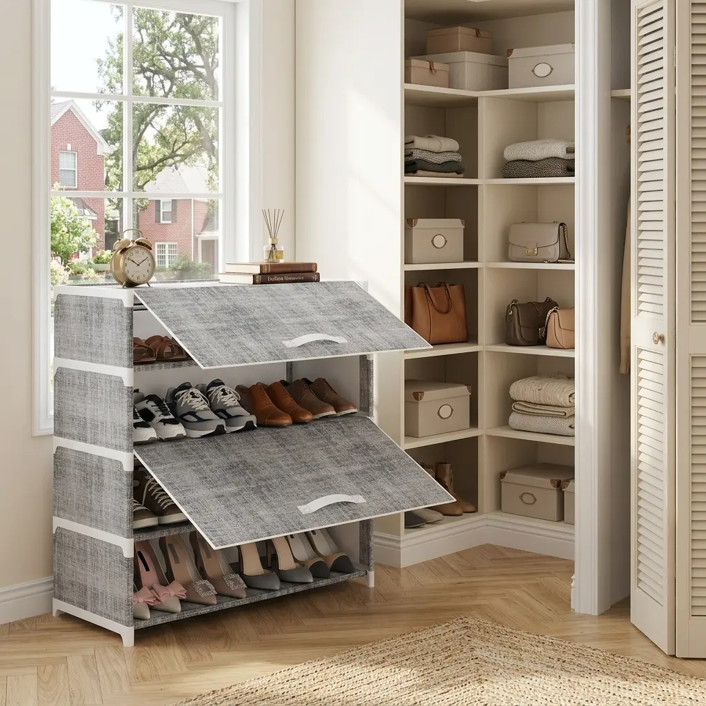 FIXWAL 5-Tier Lightweight Space-Saving Shoe Rack with Dustproof Nonwoven Fabric Cover, Portable Storage Shelf for Entryway, Closet, Black or Grey, Dorm Storage for Back to School