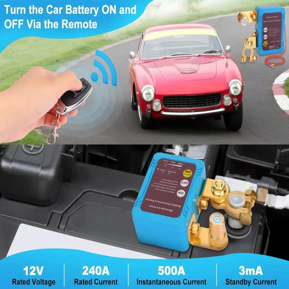 Dual‑Control 12V Battery Kill Switch 240A, Wireless Remote & Manual Power Disconnector, Smart Low‑Voltage Auto Shut‑Off to Avoid Battery Drain for Most 12‑Volt Vehicles