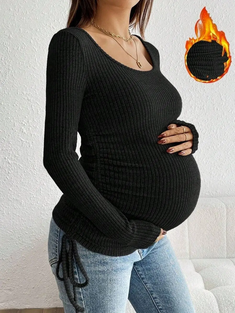 Maternity Ribbed Long Sleeve T-Shirt, Adjustable Drawstring Ruched Slim Fit Pregnancy Top