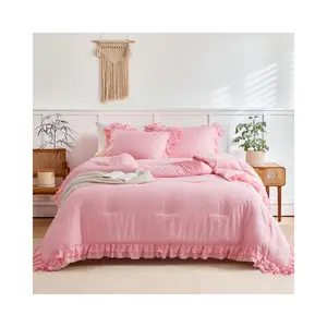 Pink Ruffled Comforter Set Twin Size, 3 Pieces (1 Ruffled Comforter and 2 Pillowcases) Farmhouse Shabby Chic Style with 2 Layers Ruffle, Solid Color Lightweight Soft Fluffy Bedding Sets for Girls
