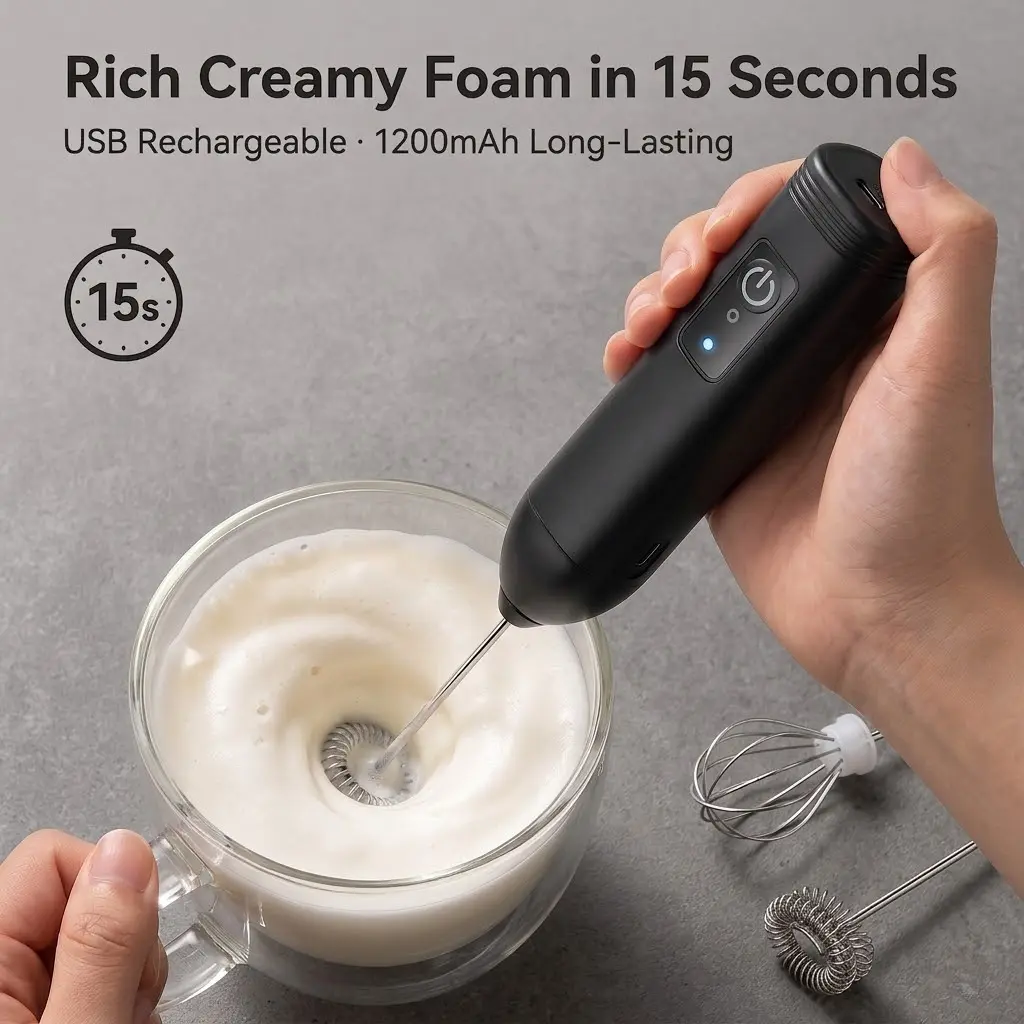 Compact Yet Powerful Handheld Milk Frother, USB-C Plug Rechargeable Battery Handheld Mixer with Dual Whisks, 3-Speed High-Powered Turbo Engine, 1-Button Operation for Coffee Lovers & Protein Powder