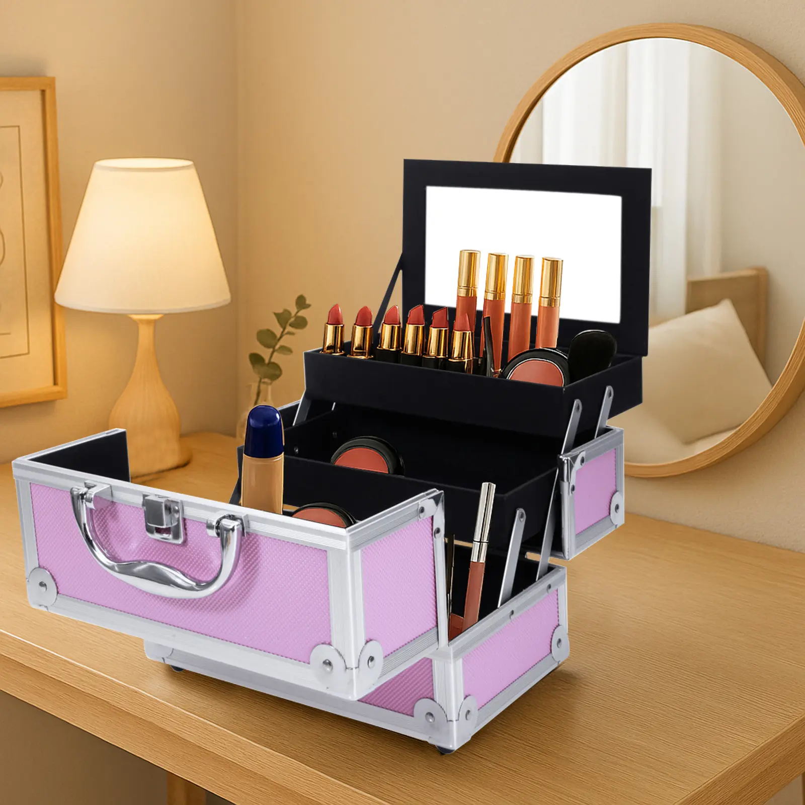 Pink Aluminum Train-Shaped Durable Makeup Case with Foldable Mirror, Top Handle, ABS Compact Wide Open Access Vanity Organizer for Daily Travel/Home Use, Accordion Trays, Fits Jewelry, Ideal for Gifting