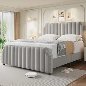Grey/Beige/Black Velvet King/Queen Size Platform Bed, Luxe Vertical Channel Tufted Headboard and Footboard with Classic Nailhead Trim, Spacious 50.2 Inch Tall Headboard Design, Stable Upholstered Bed Frame, Stylish Modern Bedroom Upgrade, No Box Spring Re