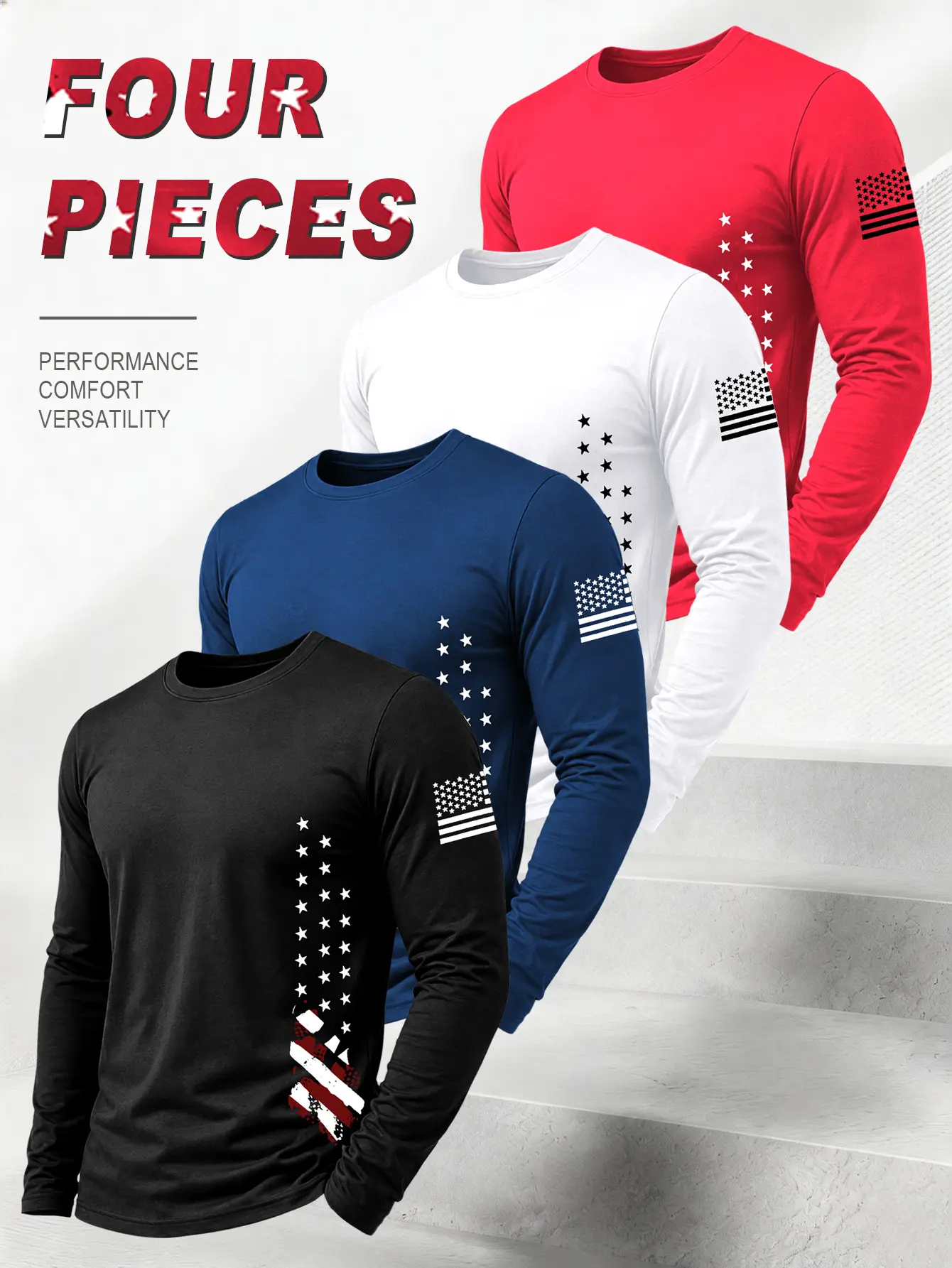 Men’s 4-Pack American Flag Long Sleeve T-Shirts – Patriotic USA Stars & Stripes Crew Neck Tees, Casual Performance Workout Shirts for Independence Day