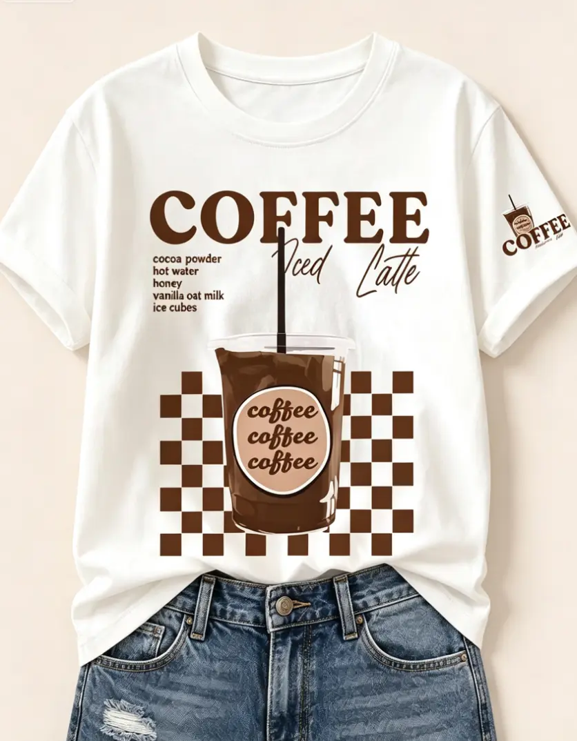 Coffee Checkerboard Print T-Shirt for Women, Casual Loose Fit Cotton Shortsleeve Graphic Tops, Breathable, Comfy