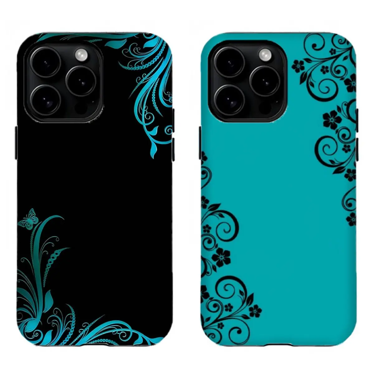 Custom Elegant Teal Floral Swirl Phone Case - Black & Turquoise Vine Pattern, Shockproof Protection Resistance, Thin Frame, Phone Aesthetic Wireless Accessory for iPhone 11-17 Pro Max, Samsung S22-S26, Ideal Gift