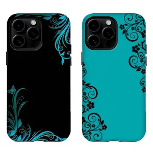 Elegant Teal Floral Swirl Phone Case, Black & Turquoise Vine Pattern For iPhone 11 12 13 14 15 16 17 Pro Max For Samsung S26 S25 S24 S23 S22-Gift For Fans/Him/Her