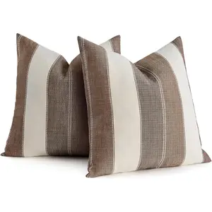 Pack of 2 Farmhouse Stripe Check Throw Pillow Covers Set Case Cotton Decorative Pillowcases Cushion Cover for Couch Bench Sofa 20x20Inch Brown