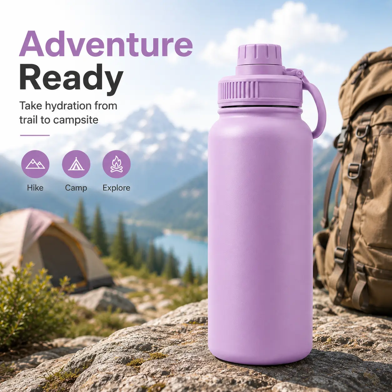 Unisex Stainless Steel Insulated Water Bottle with Lid, Loop Handle, Vacuum Insulation, Leakproof Wide Mouth, Portable Design – Reusable Thermal Flask for Camping, Hiking Gear & Daily Outdoor Use, Insulated Water Bottles, Sports Water Bottles