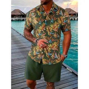 2023 European and American Summe Men's Casual Loose Short Sleeve Shirt and Shorts Beach Set