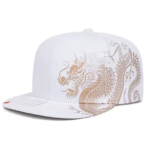 Snapback Cap for Men & Women Chinese Loong Design Hip Hop Vintage Baseball Cap White with Gold Dragon Print