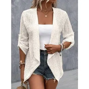 GGFL Your New Go-To Beach Cover-Up That Flatters EVERY Body Women's White Eyelet Open Front Cardigan, 3/4 Sleeve Draped Hem Lightweight Kimono Cover Up for Summer