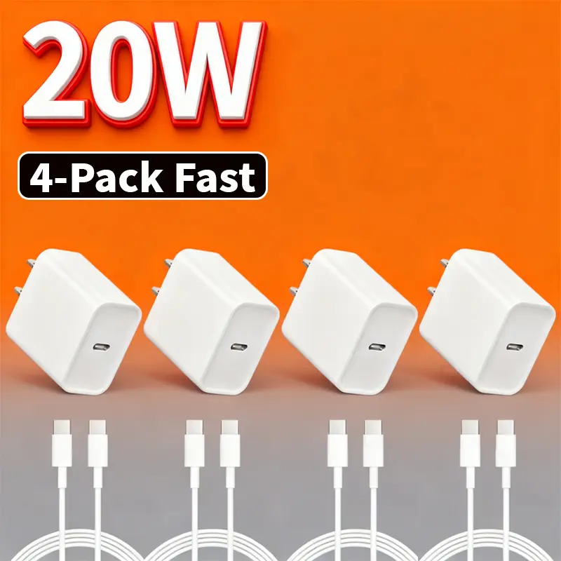 4-Pack 20W TypeC-C Fast Charger Blocks with 10-Foot TypeC Cables, Compatible with 17/17 Pro/17 Pro Max/Air/16/16e/15,  M3/M2/5/4 & 11th/10th Gen - White
