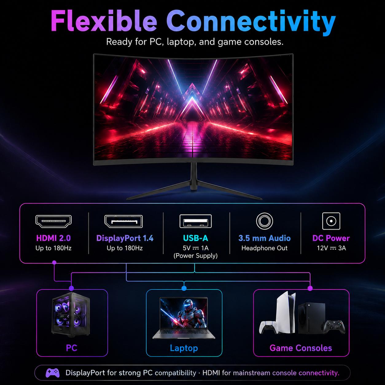 Rehisk 24" Curved Gaming Monitor – 180Hz, 1ms, FHD, FreeSync, Ultra-Slim, HDMI/DP, VESA Ready