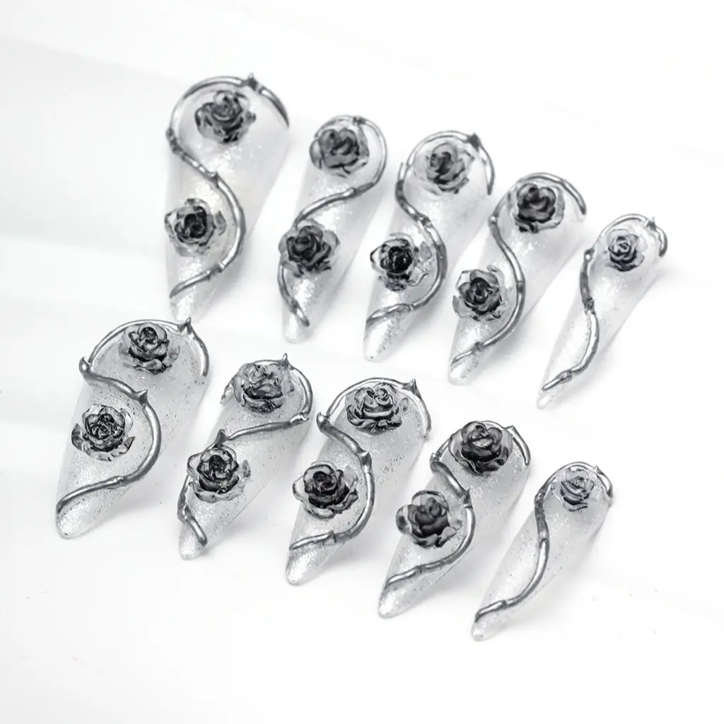 HeyxNails Silver Bloom 10PCS Handmade Press On Nails Resuable Stiletto Shape