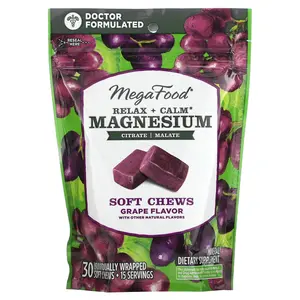 MegaFood Relax + Calm Magnesium Soft Chews, Grape, 30 Individually Wrapped Soft Chews (125 mg per Chew)