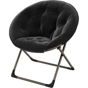Garvee Saucer Chair – Faux Fur Lounge Moon Chair, Folding Metal Frame, Oversized Plush Flower Accent Seat, Suitable for Adults and Teens, Ideal for Bedroom, Dorm, or Living Room, 1 Piece, Black