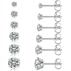 6 Pairs Cubic Zirconia Stud Earrings Set for Men and Women, Hypoallergenic 316L Stainless Steel, 18K White Gold Plated