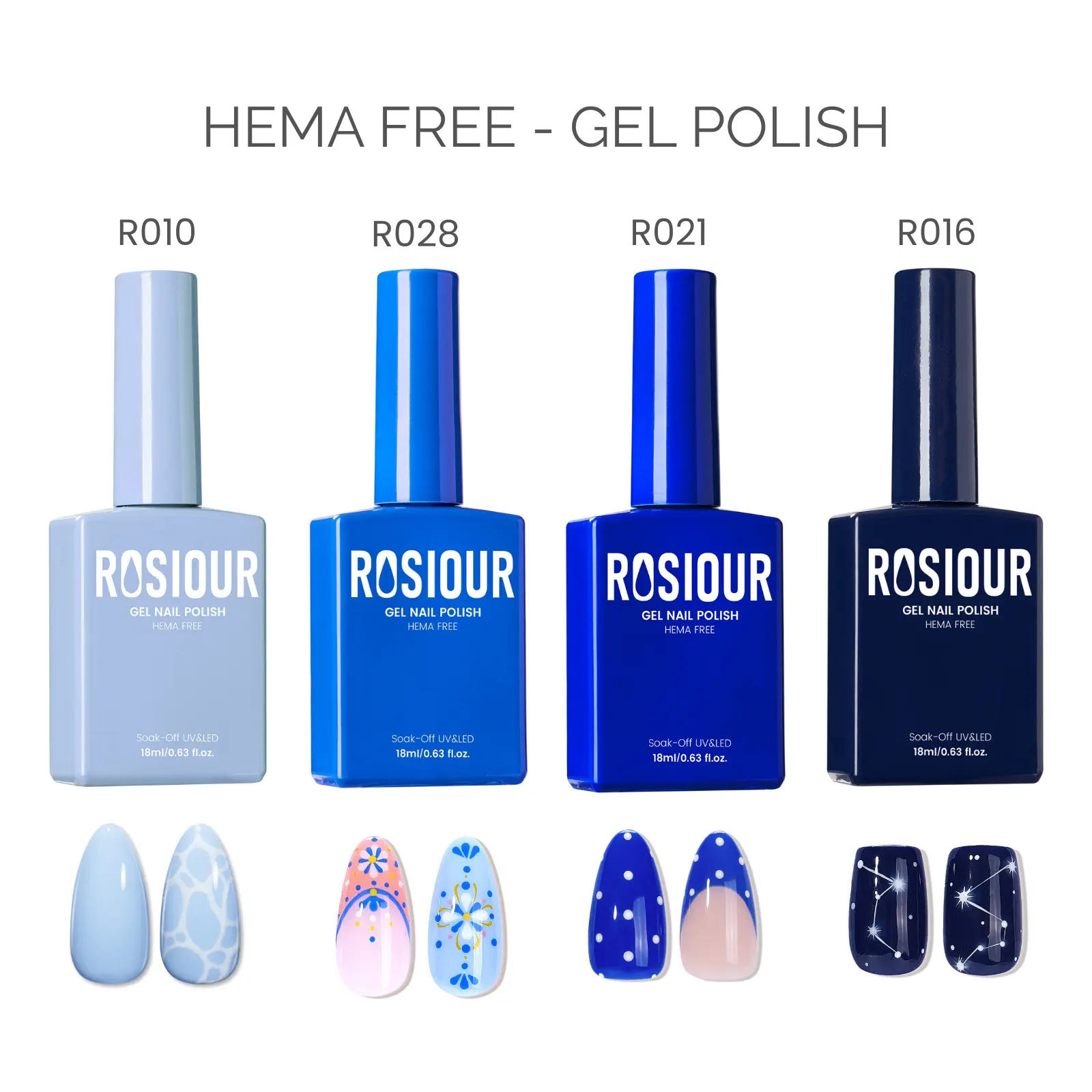 ROSIOUR Gel Polish | 18ml Each | HEMA-Free | Blue Collection | For Nail Art & DIY Manicures, Home & Salon Use