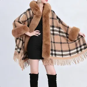 Plaid Faux Fur Trimmed Poncho Cozy Stylish for Fall Winter with Tassels and Plaid Design 816