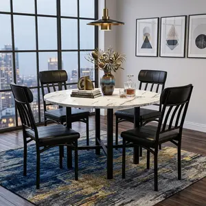 5 Piece Kitchen & Dining Table Set, Round Wooden Dining Table with Four Upholstered Backrest Chairs, Modern Space Saving Dinette Furniture for Small Spaces Home Dinning Living Room