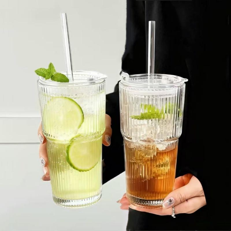 Glass Coffee Cups with Lids and Straws, Vintage Ribbed Glass Tumblers, Leakproof Design, Reusable Glass Cup for Iced Coffee Stylish Drinkware