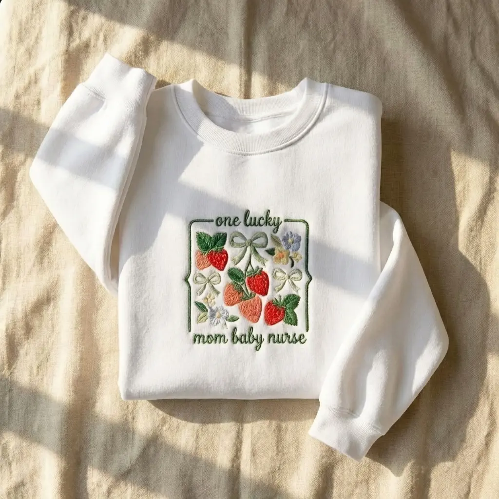 [MADE IN US] Mother Baby Nurse Embroidered Sweatshirt, One Lucky MB Nurse Shirt, Strawberry Bow Crewneck, Postpartum Nurse Gift
