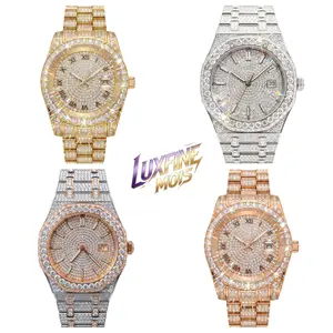 LUXFINE MOIS Iced Out Moissanite Watch, Stainless Steel Full Paved Hip Hop Wrist Watch, 14K Gold/Rose Gold/White Gold Plated, Pass Diamond Tester, Luxury Bling Watch for Men Women