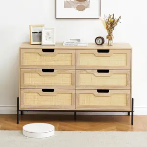 Storage Cabinet  6 Drawer Chest with Wicker Pattern - PB  Oak  Elegant Storage for Bedroom or Living Room Organization