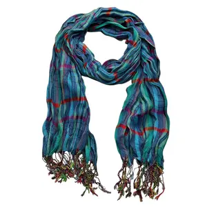 Blue Jacquard Crinkle Scarf - Heavy Textured Scarf (76"x28")