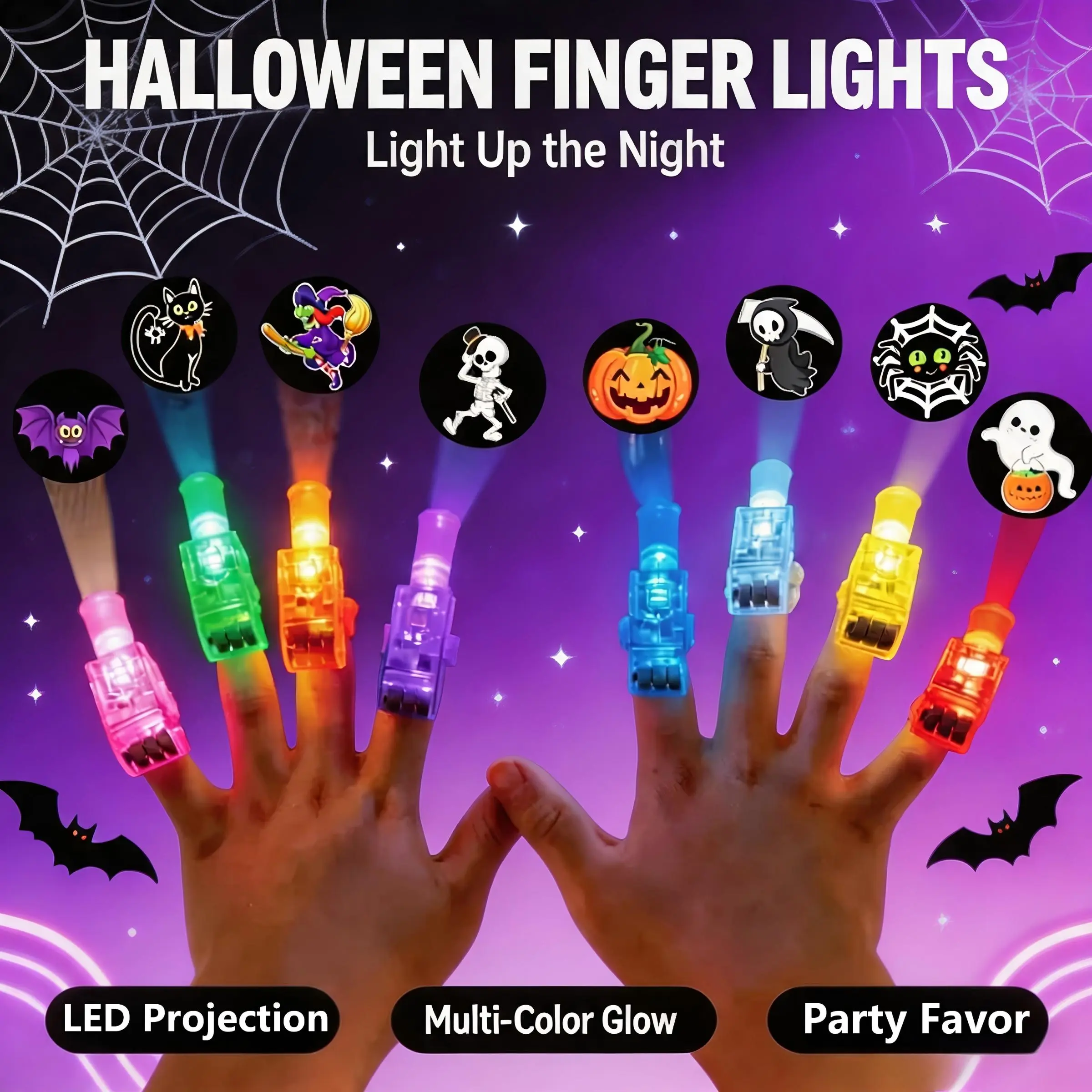 Halloween LED Finger Projector Lights, 8/16/24/32Pcs Multi-Color Flashing Light Up Finger Lights with Pumpkin Ghost Witch Bat Cartoon Projection Patterns,  Kids Halloween Party Favors, Cosplay, Carnival Glow Toys, Night Party Ambient Decor Supplies