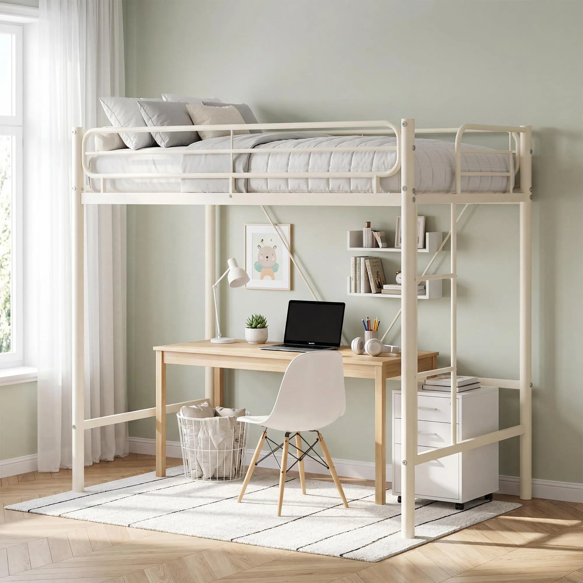 Ivory White Heavy Duty Twin Loft Workshop T Bed for Kids - Metal Frame with 11.7" Guardrail, Space-Saving Underbed Workspace, 450lb Capacity, No Box Spring Needed