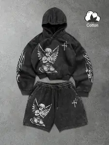 Men's Gothic Aesthetic Washed Vintage Set, Loose Angel & Cross Print Death Metal Font, High-Quality Cotton Street Style Fashion
