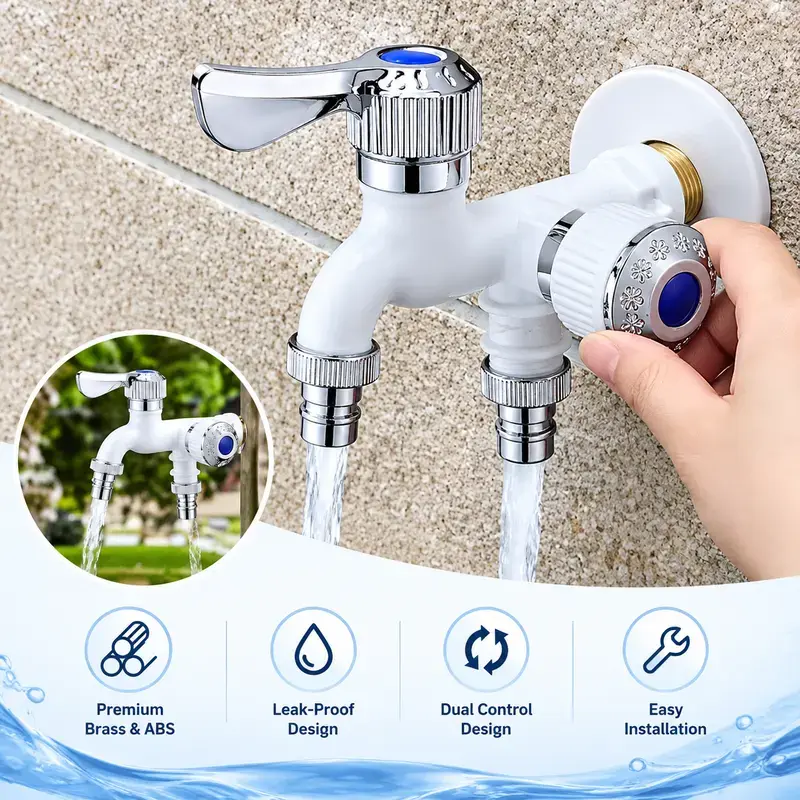 Dual‑Outlet Water Tap, Dual Control Two‑Way Faucet Leak‑Proof Separate Switch, Brass & ABS Multi‑Way Spigot, Easy‑Install Outdoor Tap for Garden Hose, Bathroom & Household Use