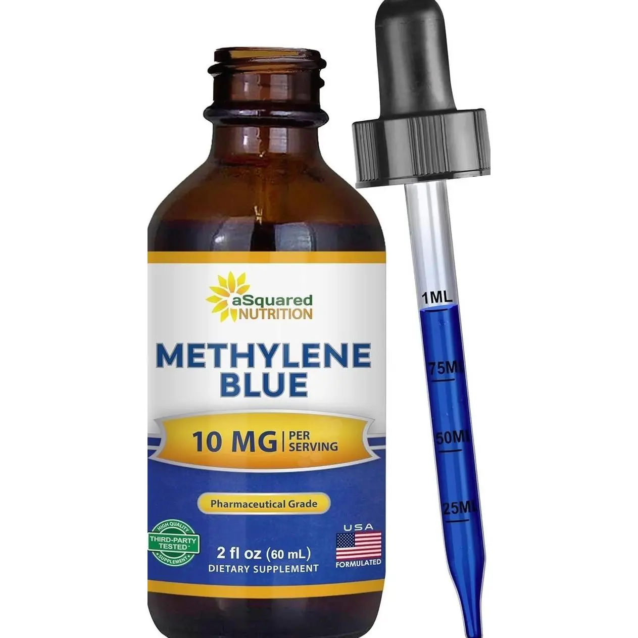 aSquared Nutrition Methylene Blue Drops - 1% Pharmaceutical Grade Liquid Supplement for Humans - 10mg USP Grade w/Vitamin C - No Formaldehyde - Brain & Energy Alternative to Capsules (2 fl oz)