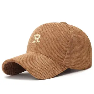 Corduroy Baseball Cap With 3D Embroidered 'R' Letter Solid Color Adjustable Structured Hat Stylish Daily Accessory
